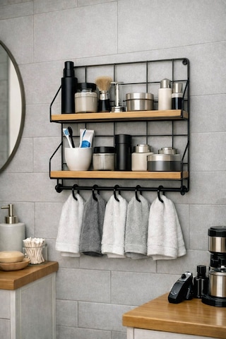 Miro 2 Katlı Metal Ahşap Duvar Rafı Anahtarlık Askılığı Antre, Banyo Ve Mutfak Organizeri