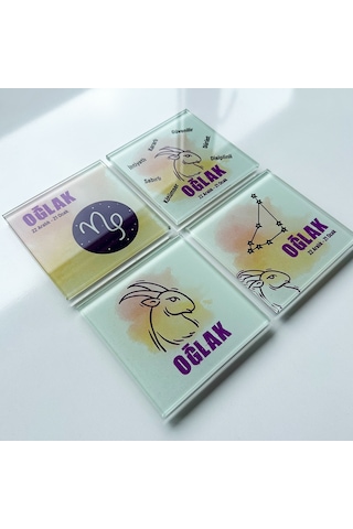 Decorita Cam Bardak Altlığı Burçlar - Oğlak Burcu 4'lü Takım Çok Renkli