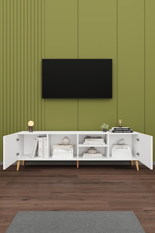 Asra Trend Tv Ünitesi T-09 %100 MDF 180 cm Tv Sehpası Dolaplı Raflı Beyaz