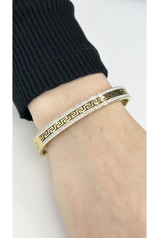 Zirkon Taşlı, Labirent, Paslanmaz Çelik Kelepçe Bileklik 20, Altın Renk Altın