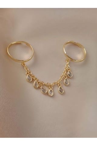 Şahmaran Damla Başak Model Zirkon Taşlı Ayarlanabilir Gold Altın Renkli Yüzük Gold