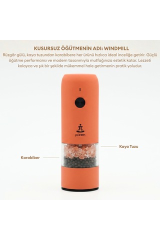 Pizen Windmill Usb Şarjlı Otomatik Baharat Öğütücü Led Işıklı Ayarlanabilir Tuz Karabiber Değirmeni Turuncu