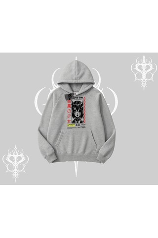 Startmore Kapşonlu Sweatshirt Anime Devils Girl Japanese Style Baskılı Gri
