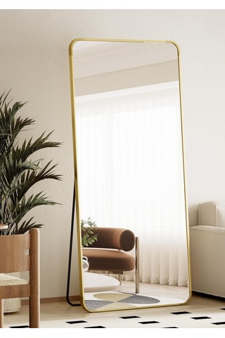 Pera 180x66 Yuvarlak Köşeli Yer Aynası Ayaklı, Asılı, Duvara Yaslı, Yatak Odası, Giyinme Odası Gold