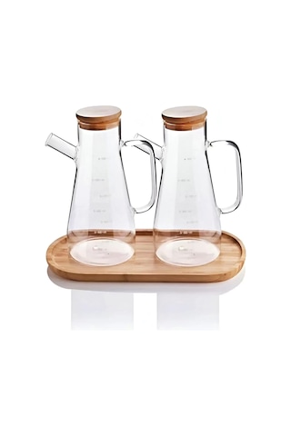 Bambu Kapaklı Cam Yağdanlık Vakumlu Ahşap Stantlı Sirkelik Zeytinyağı Şişesi Yağlık 900