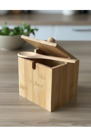 Kaşıklı Bambu Kapaklı Tuzluk Şekerlik - Dekoratif Mutfak Düzenleyici Tuz Kabı Baharatlık Kutusu 12cm Bambu