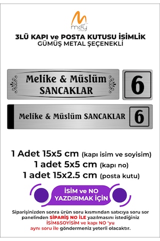 Gümüş Metal Kapı Isimliği Seti 3'lü - Kapı İsimliği Kapı Numarası