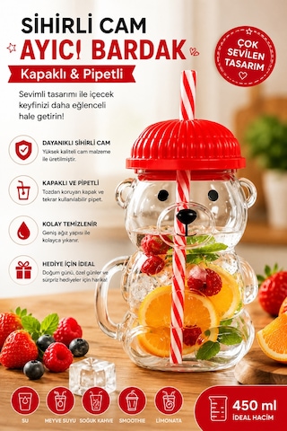 Ayıcık Bardak 450 Ml Kapaklı Pipetli Cam Kupa Ayı Figürlü İçecek Bardağı Kırmızı