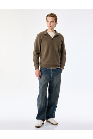 Koton Regular Fit Uzun Kollu Yarım Fermuarlı Sweatshirt Haki 7wam70012mk