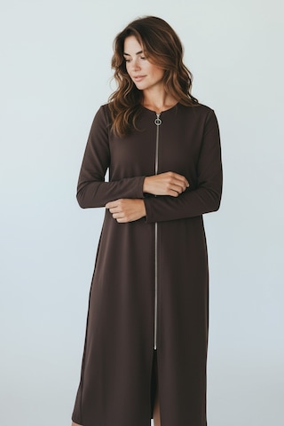 Kadın Önü Fermuarlı Kolu Manşetli Gizli Cepli Mevsimlik Kap Kahverengi