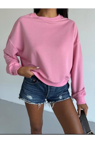 Esa35takı Kadın Bisiklet Yaka Sweatshirt Pembe