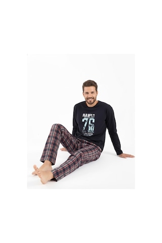 Free Beka Uzun Kollu Ekose Desenli Altı Kareli Erkek Pijama Takımı Pamuklu Ve Rahat Kumaş Lacivert
