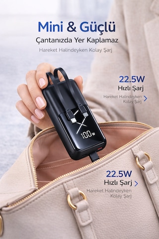 22.5w Hızlı Şarj Mini Powerbank 10000mah Dahili Lightning & Type-c Kablolu Taşınabilir Şarj Cihazı, Dijital Göstergeli, Kompakt Premium Tasarım Gri  -  Siyah