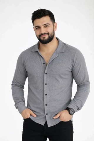 Etiler Collection Erkek Waffle Kumaş Uzun Kollu Düğmeli Açık Yaka Regular Fit Gömlek - Füme