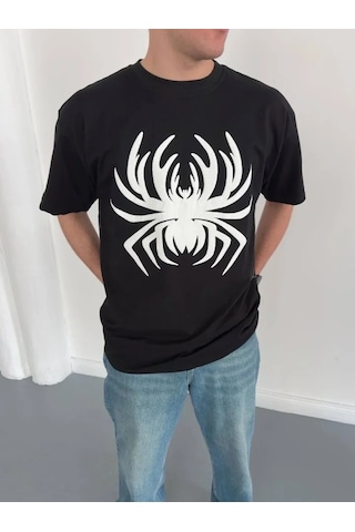 Modi Erkek Örümcek Baskılı Tişört Kısa Kollu Bisiklet Yaka T-shirt - Siyah Açık Lacivert - Gri - Siyah
