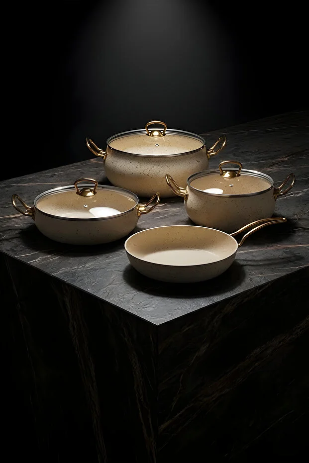 7 Parça Leon Granit Tencere Ve Tava Seti 20 Cm 2.5l, 24 Cm 4.5l, 26 Cm Basık 3l, 26 Cm Tava Bej