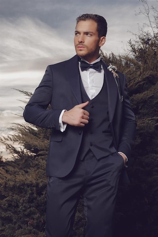 İmza Koyu Lacivert Desenli Armürlü Mono Yaka Astarlı Yelekli 6 Drop Slim Fit Dar Kesim Smokin Damatlık 1001220205-Koyu Lacivert