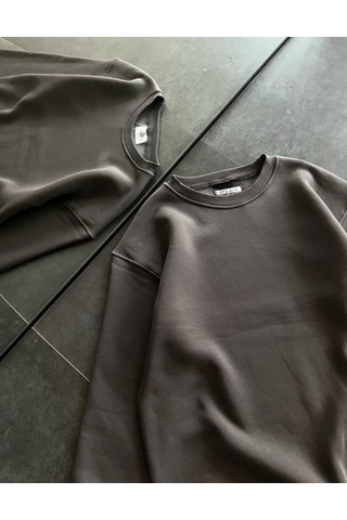 Valensdesign Kışlık Bisiklet Yaka Üç İplik Basic Sweatshirt - Füme