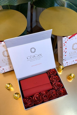 Premium Gift Rose Box - Jesi Siyah Hakiki Deri Kadın Cüzdan Siyah Gül Kutusu Siyah