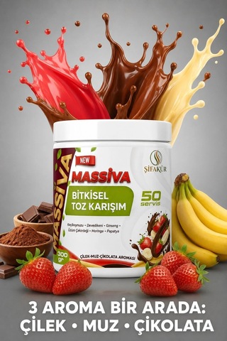 Ginsengli Toz İçecek Karışımı 300 g 50 Servis Çilek Muz Çikolata Aromalı (Massiva)