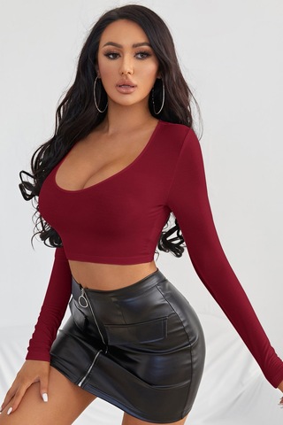 Modi Kadın Bordo Uzun Kol Kare Yaka Crop Top Bluz Açık Bordo