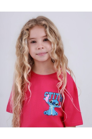 Miniko Kids Kız Çocuk Stitch Modelli Pamul Şortlu Takım Fuşya