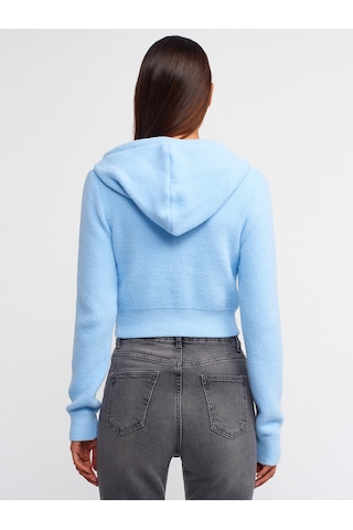 Dilvin Yumuşak Dokulu Kapşonlu Crop Kazak Mavi