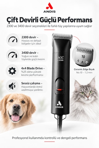 Andis Agc 2 Çift Devirli Kablolu Kedi Köpek Tıraş Makinesi - Yüksek