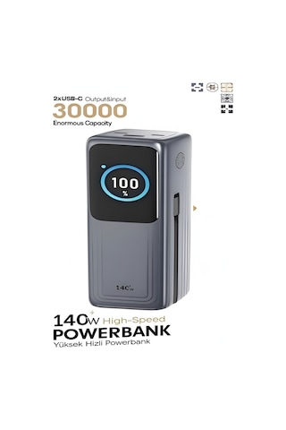 30000mah 140w Hızlı Şarjlı Tft Ekranlı Kendinden Type-c Kablolu 2type-c 1usb Girişli Powerbank siyah