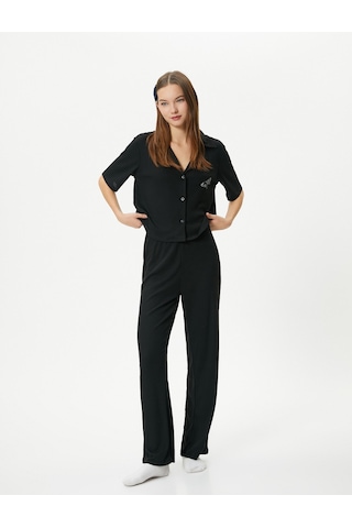 Koton Kısa Kollu Pijama Takımı Nakışlı Viskon Karışımlı Gömlek Yaka Siyah 4slk40117mk 4SLK40117MK999 Siyah