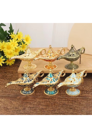 Monyee Küçük Boy 12x6.8 Metal Işıklı Ev Dekorasyonu, Hediye, Doa Lambası, Aladdin Figürü, Altın-mavi Renkli, Ev Dekoru, Pratik Kullanım Diğer