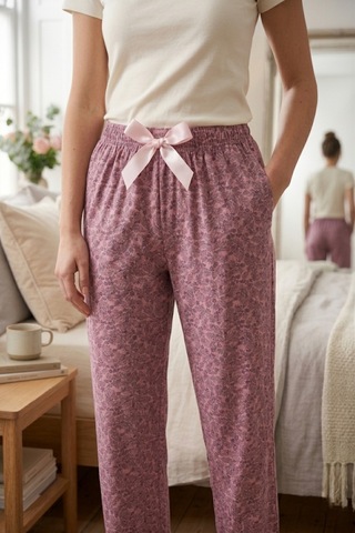 Mataş Kadın Viskon Pijama Altı Rahat Kesim Fiyonk Bağcıklı Bel Mor