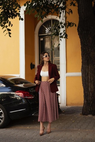 Kadın Desenli Yırtmaçlı Etek Frn4053 Bordo