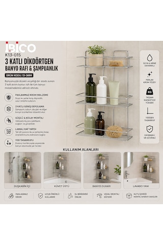 İbico K13-016 Banyo Köşelik Duşakabin Rafı Ve Şampuanlık 3 Katlı Dikdörtgen - Krom Metal- 12'li Paket Diğer
