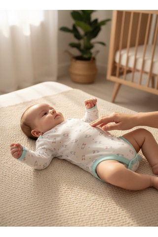 Babymuz %100 Pamuk Uzun Kollu Çıtçıtlı Tulum Mavi Beyaz