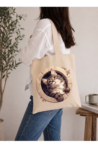 Lunora Collectıon Kedi Baskılı Ham Bez Çanta Ham Renk