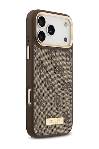Apple Uyumlu iPhone 17 Pro Max Kılıf Guess Lisanslı M-safeli 4g Desenli Pu Metal Plaka Klasik Logolu Kahverengi Kahverengi