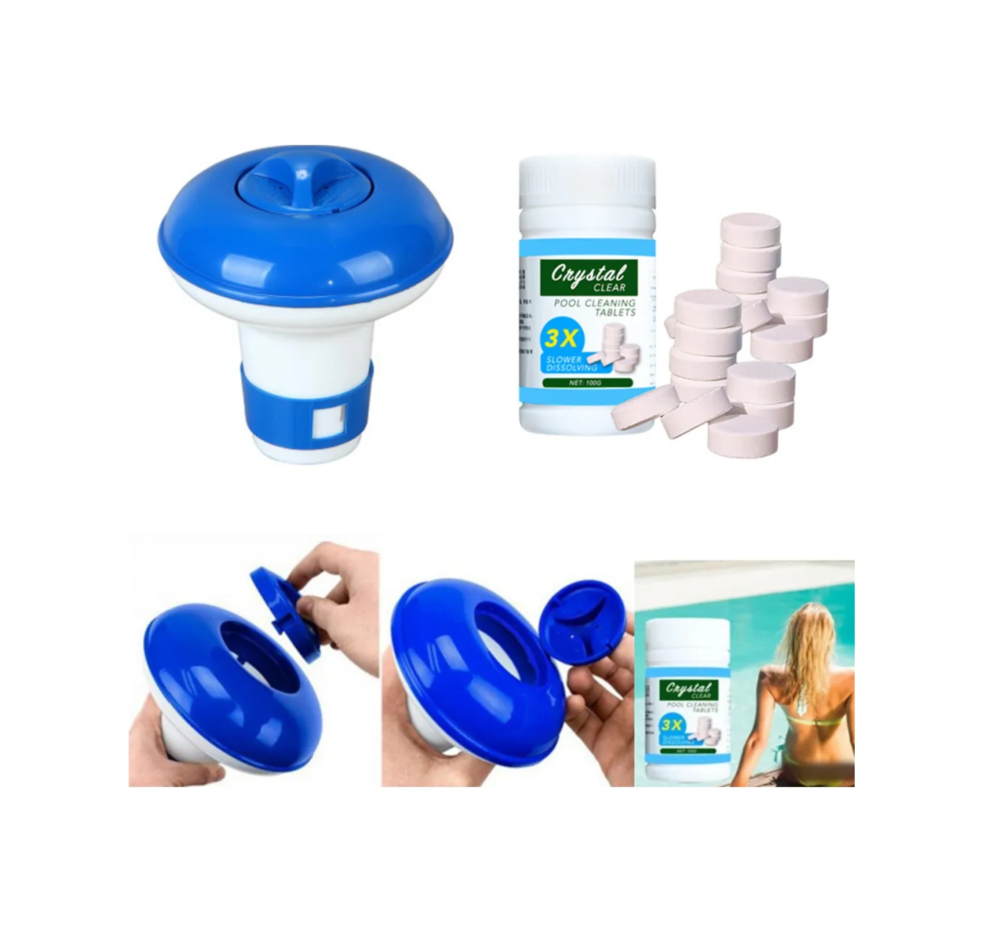 Yaleker Mavi Yüzücü Havuz Temizleyici Seti - Havuz Aksesuarı Ve Ekipmanı, 1 Adet Temizleyici + 100 Adet Flakon Mavi