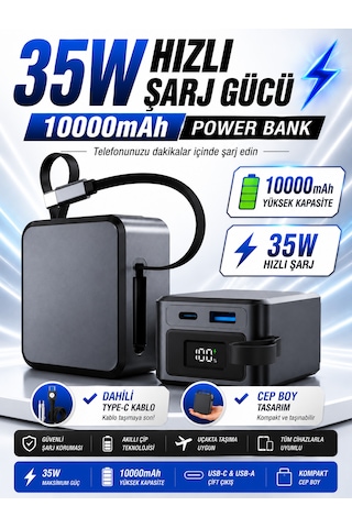 10000mah 35w Hızlı Şarj Powerbank Lcd Ekran 1x Usb + 1x Type-c Type-c Kablolu Çıkışlı Açık Gri