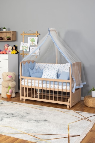 Ahşap Beşik Anne Yanı Beşik Organik Boyasız 60x120 - Mavi Prens Erkek Uyku Seti Yatak Ahşap
