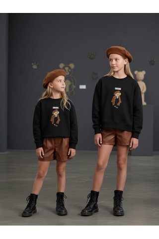 Kız Çocuk İki İplik Ayıcık Nakışlı Tasarım Sweatshirt-16467 Siyah