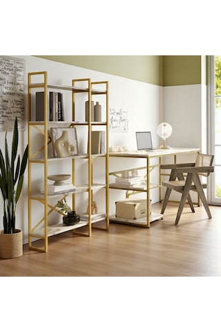 Robin Home Gold Çalışma Masası Ve Gold Kitaplık Metal Ayaklı 2'li Set Mermer