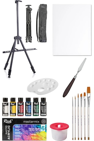 Rich Mastermix Akrilik Boya Seti 6 Ana Renk 3 Ayaklı Metal Şövale 35x50 Tuval Metal Spatula Seti 6