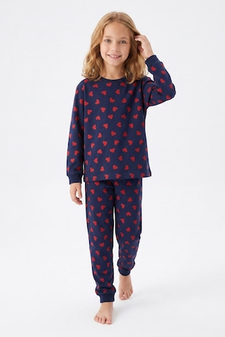 Bunny Hopp Kız Çocuk Uzun Kollu Pijama Takımı %100 Pamuk Lacivert Kırmızı Kalpli Penye