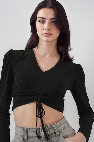 Hiccup Bdart Drapeli V Yaka Dikişli Crop Top Siyah