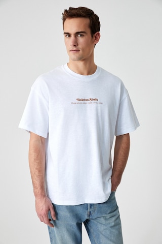 BOLETUS Erkek Baskı Detaylı %100 Organik Pamuk Oversize Bisiklet Yaka Kısa Kol Beyaz T-Shirt