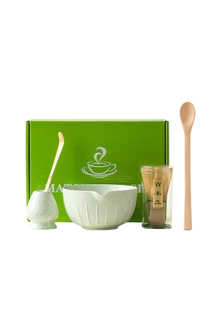 5'li Matcha Çay Seti, Bambu Süpürge, Kaşık, Kürek Ve Seramik Kase İle Açık Yeşil