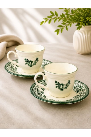 2 Kişilik Porselen Velour Green Çay Fincanı-5925 Yeşil