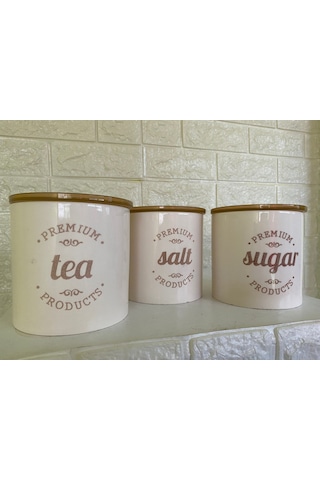 3'lü Vakumlu Kapaklı Porselen 1000 Ml Tea/salt/sugar Çay Tuz Şeker Kavanoz Seti