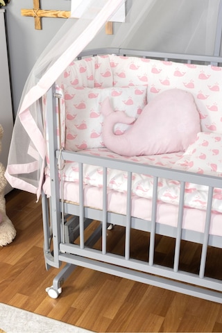 Ahşap Beşik Anne Yanı Beşik Gri 60x120 Pembe Balina Uyku Seti Yatak Tekerlekli Gri